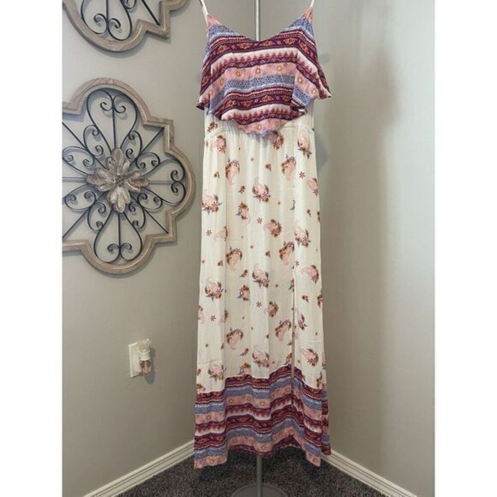 MUDD MAXI FIT & FLARE DRESS SPAGHETTI STRAPS OVERLAY TOP SPLIT SKIRT SZ L